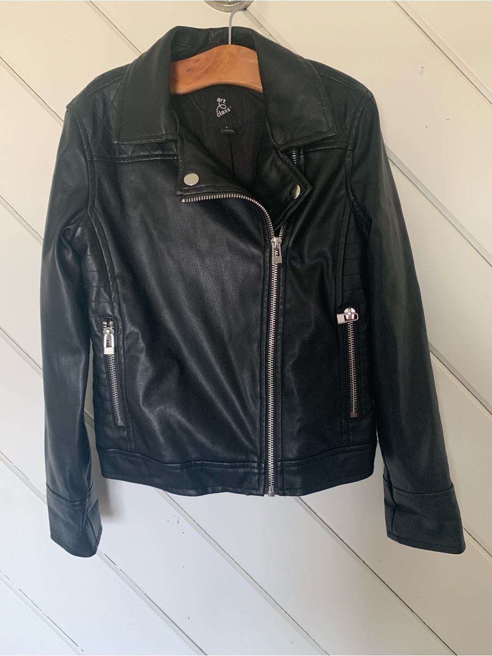 Black Faux Leather Moto Jacket with Silver Hardware